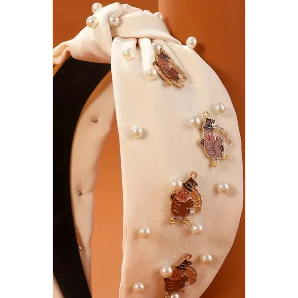 Ivory Top Knot Headband with Faux Pearls and Thanksgiving Turkey Charms